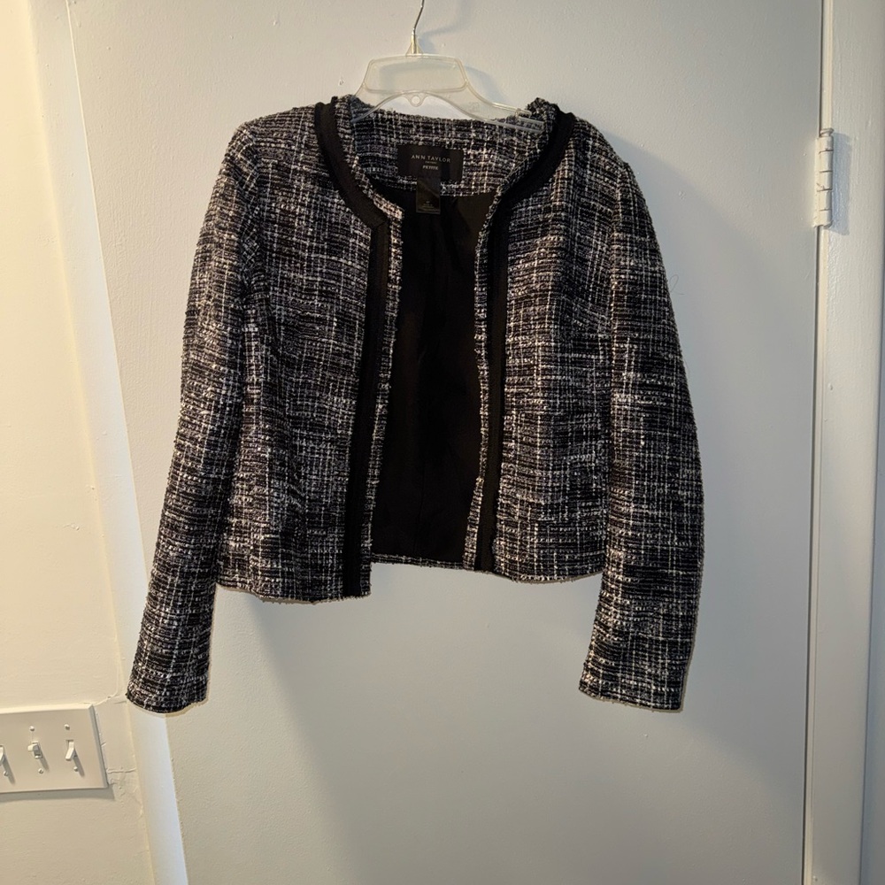 Ann Taylor Factory Petite Black and White Tweed Blazer